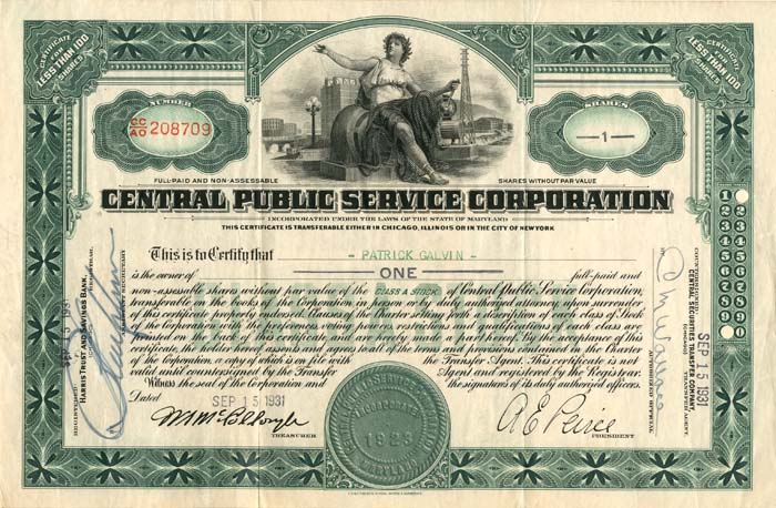 Central Public Service Corporation - Stock Certificate